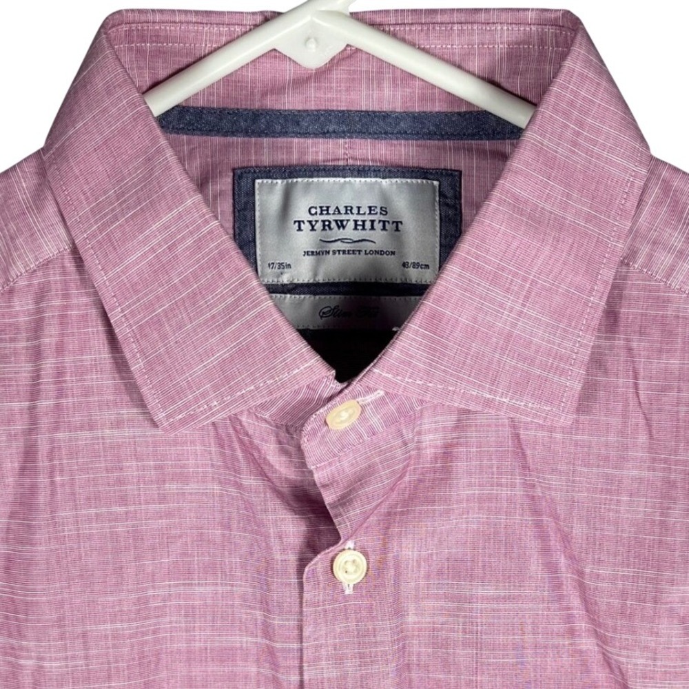 Charles Tyrwhitt Button Down Mens 17/35 Pink Slim Fit Slub Textured Cotton Shirt